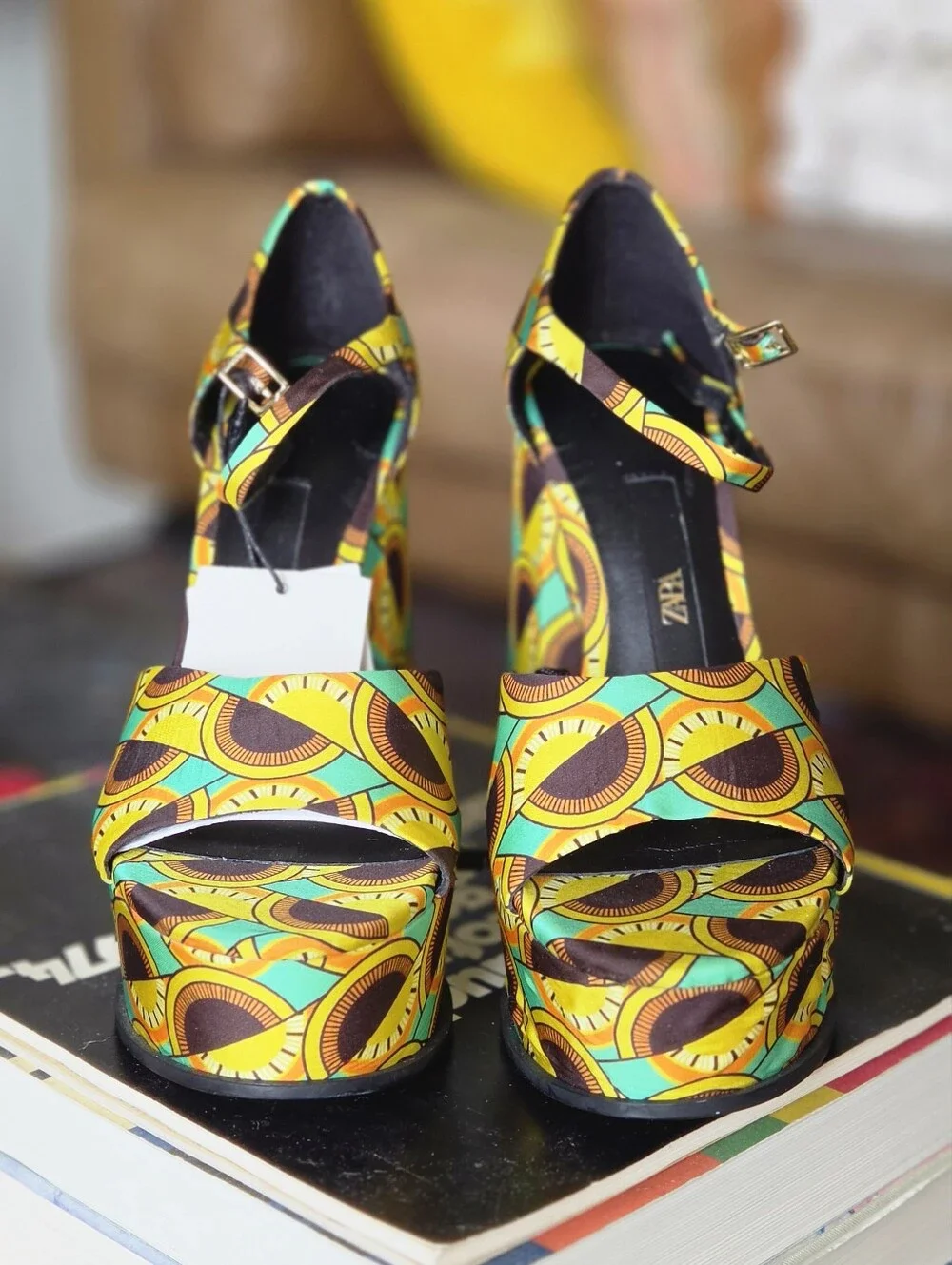 Zara Platform Ankle-Strap Heels 70s African Hippie Pattern NWT